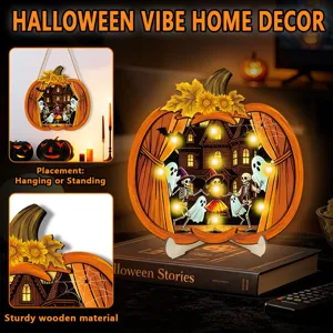 Halloween wooden decoration pumpkin LED light haunted house hanging table sign holiday decor