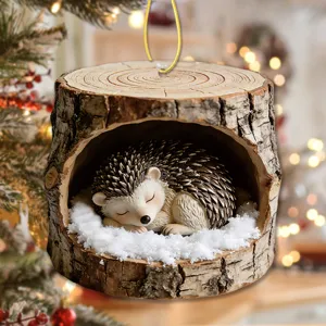 Christmas tree hanging ornament cute sleeping hedgehog in snow hollow tree decor pendant