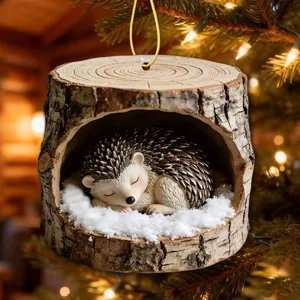 Cute sleeping hedgehog in tree trunk Christmas tree hanging ornament with snow decor for holiday.