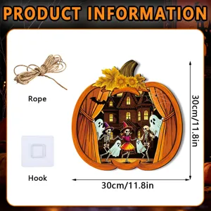Halloween lighted wooden hanging sign with pumpkin castle design, 30cm decorative wall plaque.