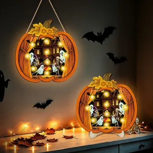 Halloween glowing wooden pumpkin hanging sign and desktop ornament set with LED lights.