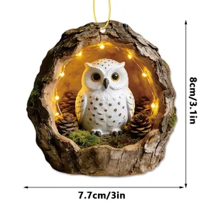 Resin white owl tree hollow hanging ornament with warm fairy lights and pinecones, 8x7.7cm.