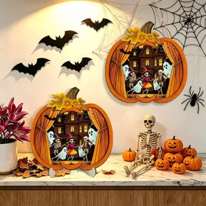Halloween wooden pumpkin plaque detail showcasing spooky haunted house and glowing festival decor.