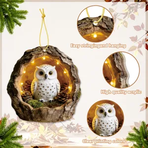 Acrylic tree hole owl hanging ornament with warm string lights and pinecone decor details.