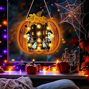 Halloween glowing wooden hanging sign window decor with LED lights and pumpkin skeleton ghosts design.