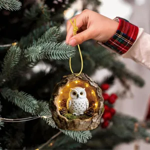 Christmas tree owl hanging ornament resin hollow tree decor with warm LED lights holiday gift.
