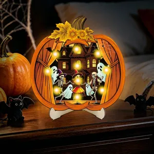 Detailed view of Halloween glowing wooden pumpkin ornament with warm LED lights for tabletop decor.