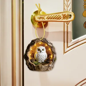 Cute owl in tree hollow hanging pendant with warm lights, perfect for home door decor.