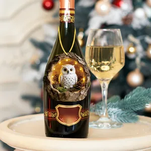 Christmas tree hole owl ornament with warm LED lights, cute resin animal bottle pendant decor.