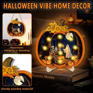 Halloween light-up wooden pumpkin decoration with skeleton design, perfect for home decor.