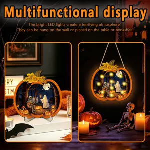 Halloween LED lighted wooden pumpkin hanging sign and tabletop ornament for holiday decor.