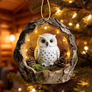 Christmas tree hanging acrylic pendant featuring cute snowy owl in tree trunk with lights.