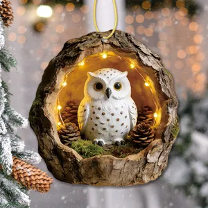 Cute white owl tree hole acrylic hanging ornament with pinecones for Christmas tree decor.
