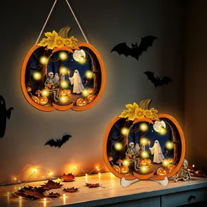 Halloween LED Pumpkin Wooden Hanging Sign Desktop Light Up Ornament Party Decoration