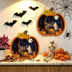 Halloween luminous wooden pumpkin hanging sign and tabletop decor for autumn holiday party.