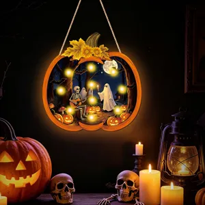 Halloween wooden hanging sign glowing pumpkin decor spooky LED light wall ornament party props