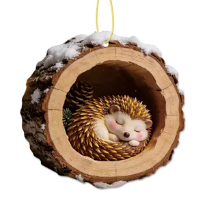 Cute sleeping hedgehog in snowy tree hole hanging ornament for Christmas tree decor.