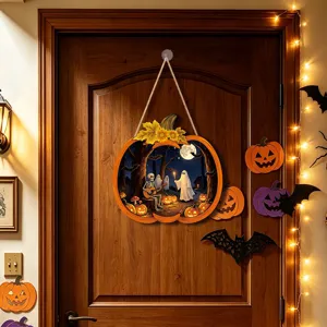 Detailed view of Halloween wooden hanging sign featuring pumpkin, skeleton and ghost design.