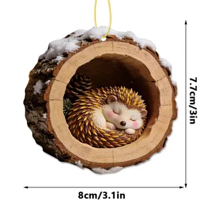 Detailed close-up view of the cute sleeping hedgehog inside snowy tree trunk hanging ornament.