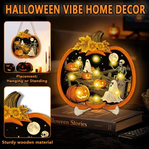 Halloween lighted wooden pumpkin plaque for wall hanging and table standing decor, LED lights.
