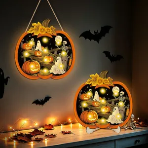 Halloween light-up wooden pumpkin hanging sign and tabletop decoration with LED lights.