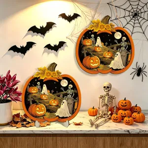 Halloween wooden pumpkin hanging sign and desktop ornament set with spooky graveyard design.