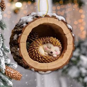 Christmas hanging ornament featuring a cute sleeping hedgehog inside a snowy wooden log hollow.