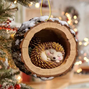 Christmas tree hanging ornament featuring cute sleeping hedgehog in snowy tree stump.