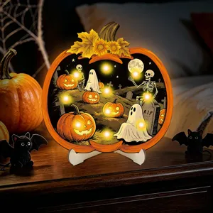 Halloween wooden glowing pumpkin ornament detail, featuring LED lights, ghost and skeleton motifs.