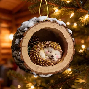 Cute sleeping hedgehog tree hole acrylic Christmas hanging ornament holiday party decor.