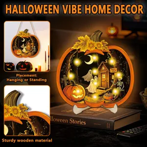 Halloween lighted wooden pumpkin plaque hanging sign rustic holiday home decor tabletop ornament