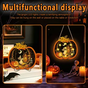 Halloween LED lighted wooden hanging sign tabletop ornament with glowing spooky scene.