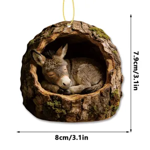 Sleeping donkey in tree hole hanging ornament, resin animal pendant for home decor.