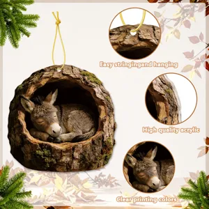 Acrylic donkey tree hollow hanging ornament detail, showing high quality material and clear print.