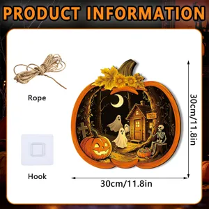 Halloween wooden pumpkin hanging sign detail view, 30cm size with rope and hook included.
