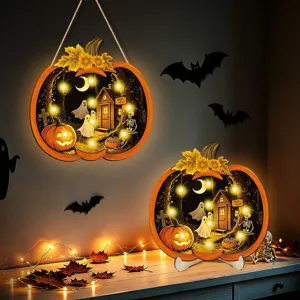 Halloween wooden light-up sign and tabletop ornament set with LED lights for festive decor