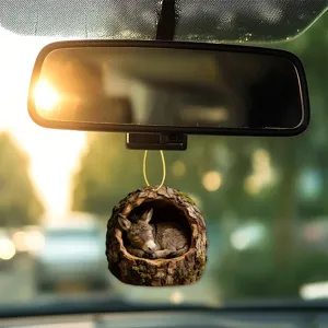 Cute donkey in tree trunk acrylic car hanging ornament, rear view mirror decor pendant.