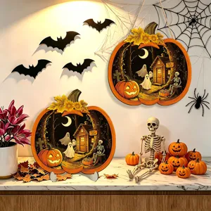 Halloween glowing wooden pumpkin hanging sign and desktop ornament for spooky holiday decor.