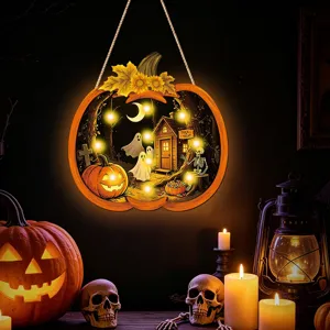 Halloween glowing wooden hanging sign wall decor with lights for spooky holiday party decoration.