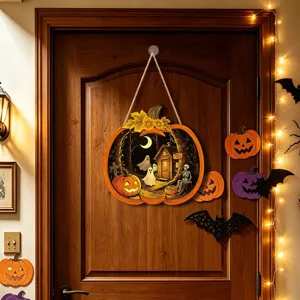 Halloween wooden pumpkin hanging sign with spooky ghost and skeleton graphic detail display.