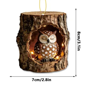 Cute tree hole owl hanging ornament with LED lights, mini resin pendant decor for home and party.