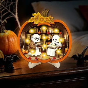 Halloween lighted wooden pumpkin ornament with cute reading ghosts, perfect desktop decor for holiday party.