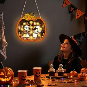 Halloween light up wooden hanging sign ghost reading decor for home holiday party wall decoration.