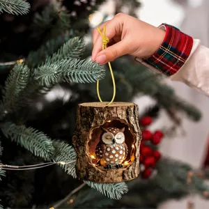Christmas tree hanging ornament cute sleeping owl in tree stump resin decor pendant light