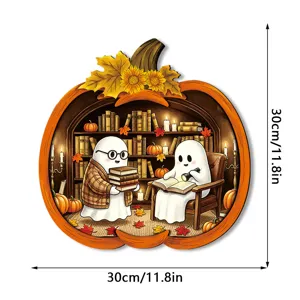 Halloween glowing wooden sign pumpkin ghost library wall desktop decoration 30cm