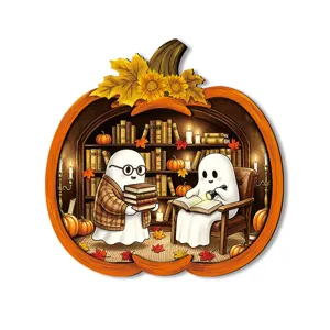 Halloween pumpkin wooden sign with cute reading ghosts, glowing tabletop decor and wall hanging.