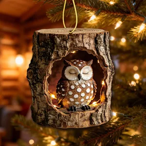 Close-up detail of the cute sleeping owl tree hollow acrylic hanging Christmas ornament.