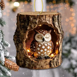 Cute acrylic Christmas tree hanging ornament featuring a sleeping owl inside a rustic tree hole.