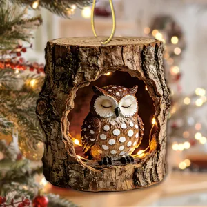 Cute owl tree hole acrylic hanging ornament with warm lights, perfect for Christmas tree decor.