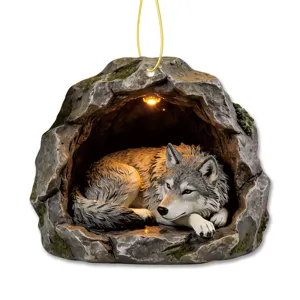 Detailed close-up view of the wolf in cave hanging ornament showing fine textures and warm lighting.